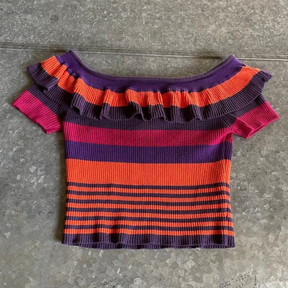 Urban Outfitters Kimchi Blue Riley Off Shoulder Ruffle Stripe Knit Top Medium - Picture 2 of 11